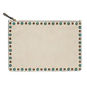 Valentino Rockstud Ivory Leather Zip Pouch